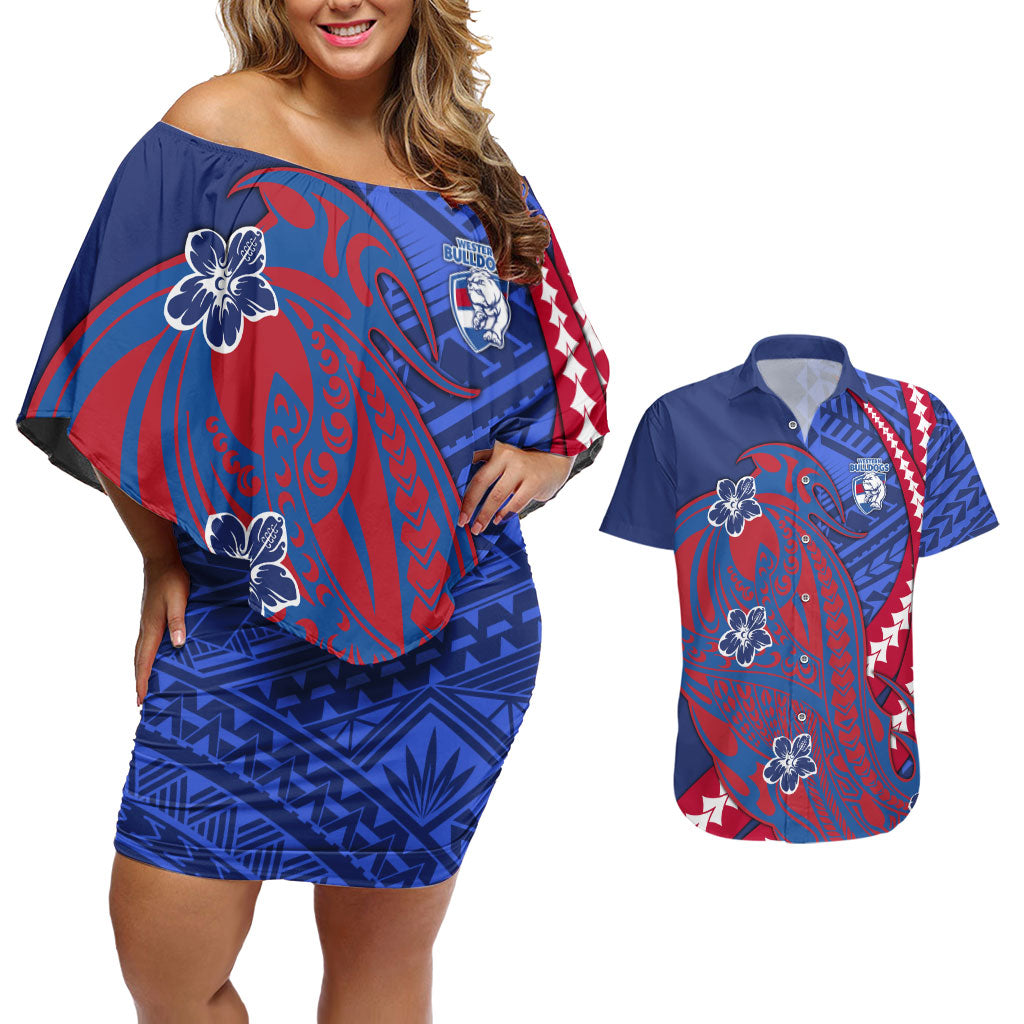 Personalized Western Bulldogs Couples Matching Off Shoulder Short Dress and Hawaiian Shirt Polynesian Tribal Bulldog Mascot With Hibiscus Floral Art