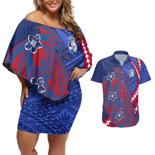 Personalized Western Bulldogs Couples Matching Off Shoulder Short Dress and Hawaiian Shirt Polynesian Tribal Bulldog Mascot With Hibiscus Floral Art