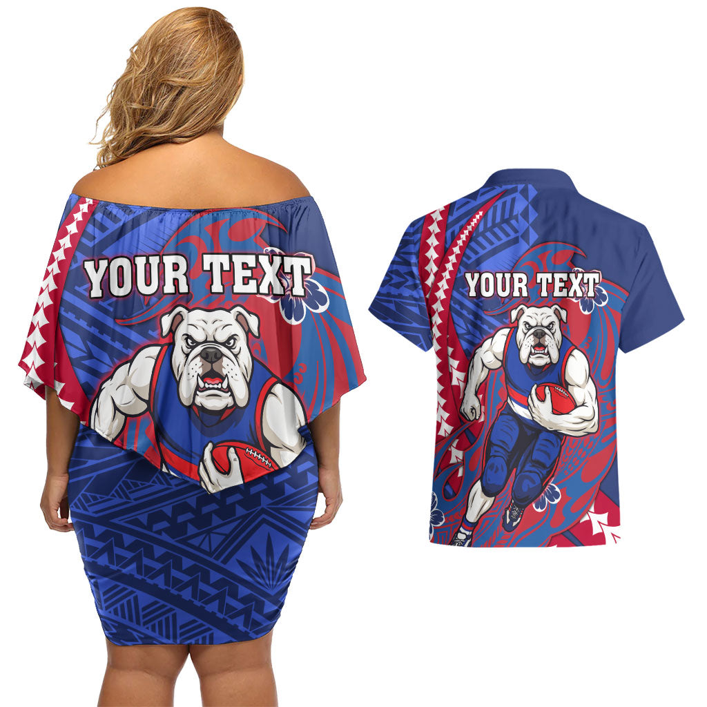 Personalized Western Bulldogs Couples Matching Off Shoulder Short Dress and Hawaiian Shirt Polynesian Tribal Bulldog Mascot With Hibiscus Floral Art