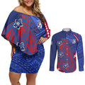 Personalized Western Bulldogs Couples Matching Off Shoulder Short Dress and Long Sleeve Button Shirt Polynesian Tribal Bulldog Mascot With Hibiscus Floral Art