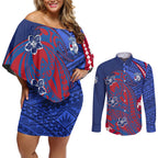 Personalized Western Bulldogs Couples Matching Off Shoulder Short Dress and Long Sleeve Button Shirt Polynesian Tribal Bulldog Mascot With Hibiscus Floral Art