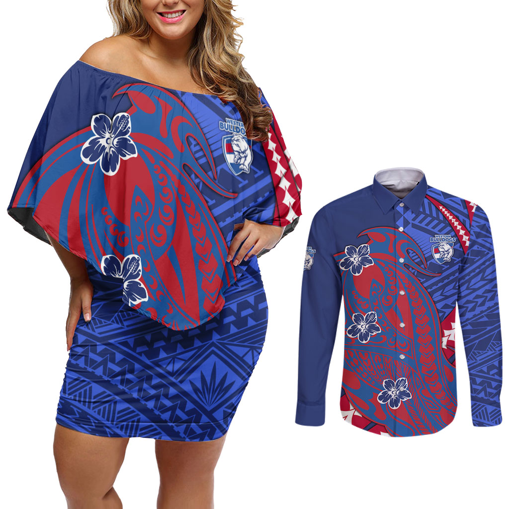 Personalized Western Bulldogs Couples Matching Off Shoulder Short Dress and Long Sleeve Button Shirt Polynesian Tribal Bulldog Mascot With Hibiscus Floral Art
