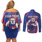 Personalized Western Bulldogs Couples Matching Off Shoulder Short Dress and Long Sleeve Button Shirt Polynesian Tribal Bulldog Mascot With Hibiscus Floral Art