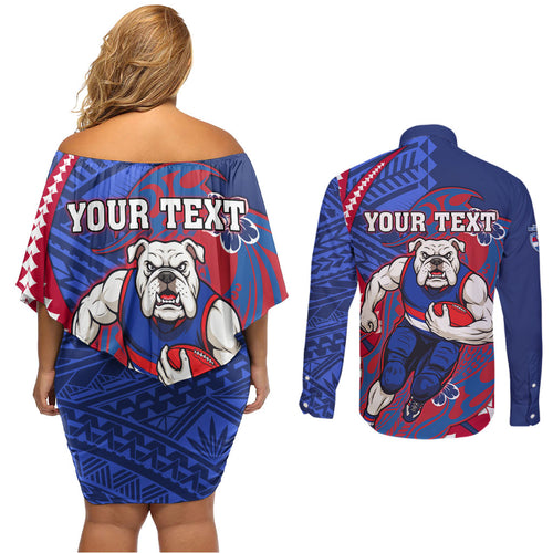 Personalized Western Bulldogs Couples Matching Off Shoulder Short Dress and Long Sleeve Button Shirt Polynesian Tribal Bulldog Mascot With Hibiscus Floral Art