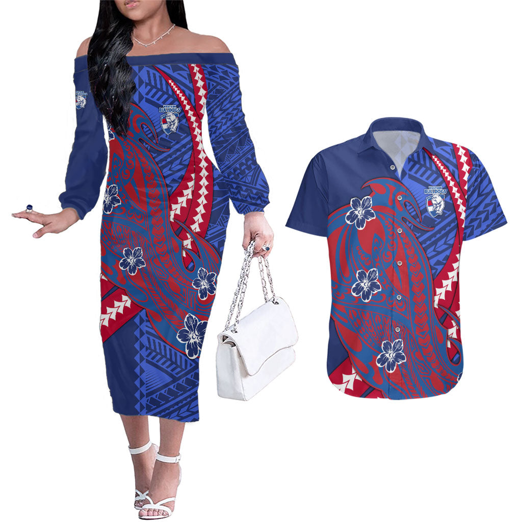 Personalized Western Bulldogs Couples Matching Off The Shoulder Long Sleeve Dress and Hawaiian Shirt Polynesian Tribal Bulldog Mascot With Hibiscus Floral Art