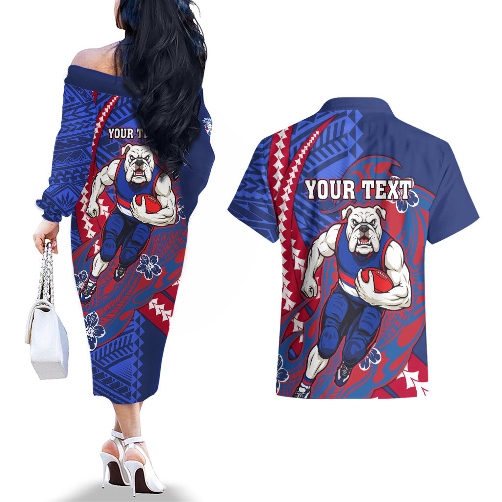 Personalized Western Bulldogs Couples Matching Off The Shoulder Long Sleeve Dress and Hawaiian Shirt Polynesian Tribal Bulldog Mascot With Hibiscus Floral Art