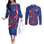 Personalized Western Bulldogs Couples Matching Off The Shoulder Long Sleeve Dress and Long Sleeve Button Shirt Polynesian Tribal Bulldog Mascot With Hibiscus Floral Art