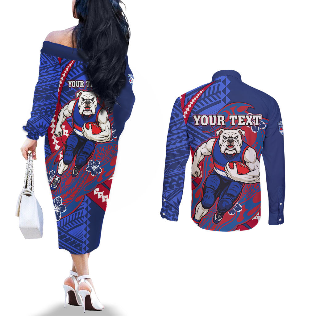 Personalized Western Bulldogs Couples Matching Off The Shoulder Long Sleeve Dress and Long Sleeve Button Shirt Polynesian Tribal Bulldog Mascot With Hibiscus Floral Art