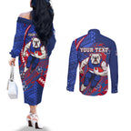 Personalized Western Bulldogs Couples Matching Off The Shoulder Long Sleeve Dress and Long Sleeve Button Shirt Polynesian Tribal Bulldog Mascot With Hibiscus Floral Art