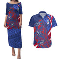 Personalized Western Bulldogs Couples Matching Puletasi and Hawaiian Shirt Polynesian Tribal Bulldog Mascot With Hibiscus Floral Art