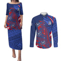 Personalized Western Bulldogs Couples Matching Puletasi and Long Sleeve Button Shirt Polynesian Tribal Bulldog Mascot With Hibiscus Floral Art
