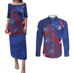 Personalized Western Bulldogs Couples Matching Puletasi and Long Sleeve Button Shirt Polynesian Tribal Bulldog Mascot With Hibiscus Floral Art