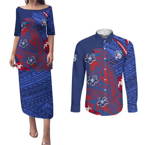 Personalized Western Bulldogs Couples Matching Puletasi and Long Sleeve Button Shirt Polynesian Tribal Bulldog Mascot With Hibiscus Floral Art