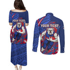 Personalized Western Bulldogs Couples Matching Puletasi and Long Sleeve Button Shirt Polynesian Tribal Bulldog Mascot With Hibiscus Floral Art