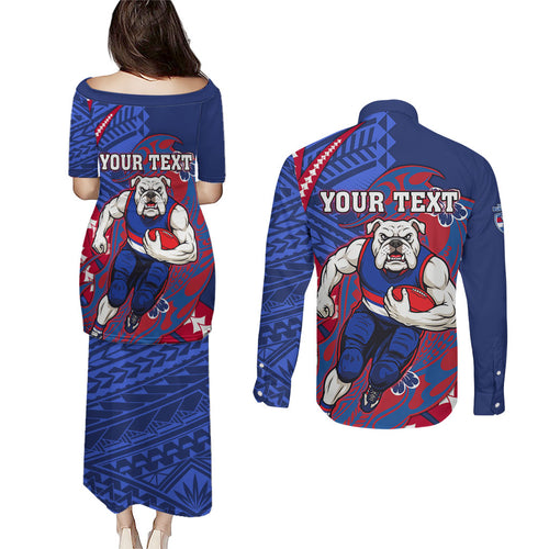 Personalized Western Bulldogs Couples Matching Puletasi and Long Sleeve Button Shirt Polynesian Tribal Bulldog Mascot With Hibiscus Floral Art