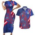 Personalized Western Bulldogs Couples Matching Short Sleeve Bodycon Dress and Hawaiian Shirt Polynesian Tribal Bulldog Mascot With Hibiscus Floral Art
