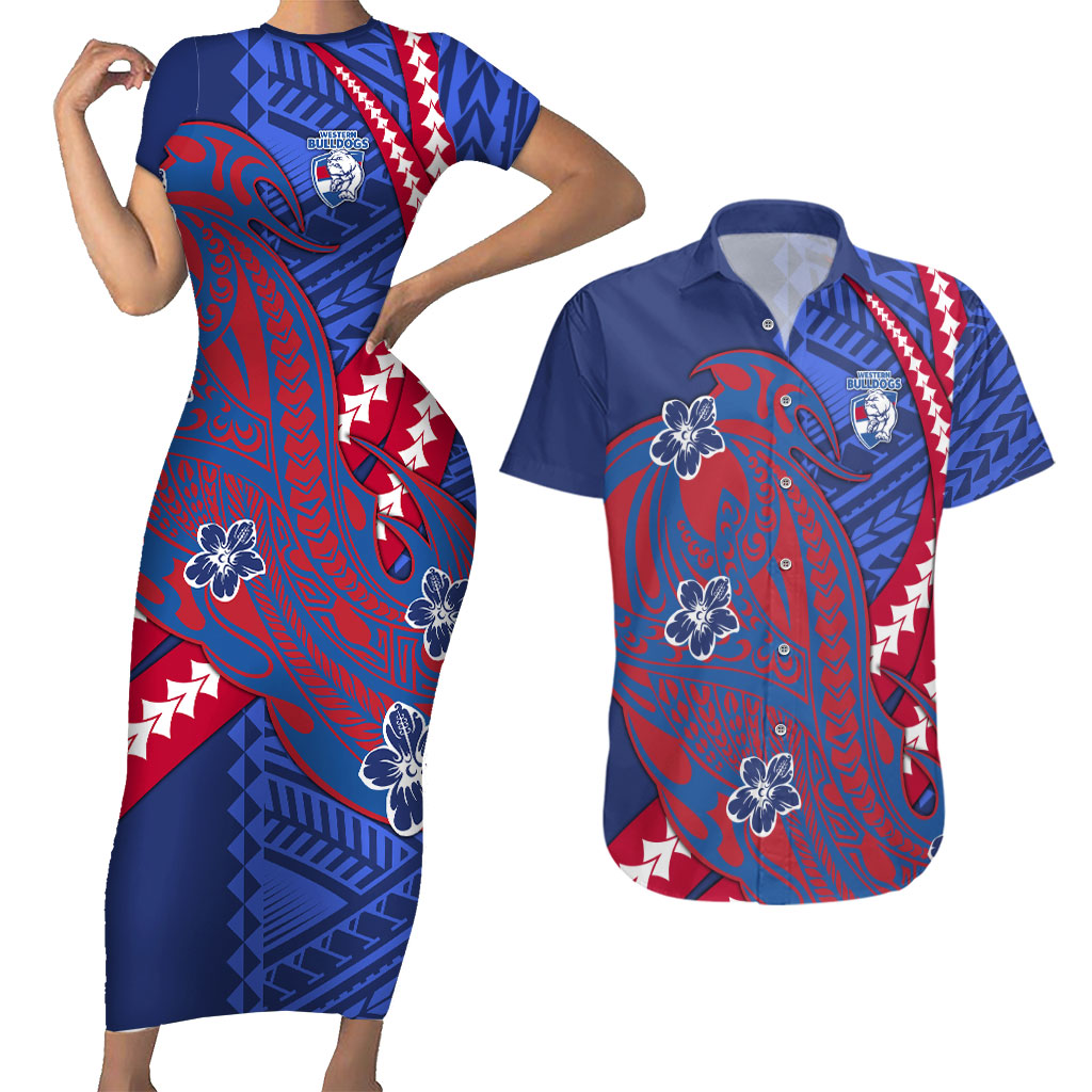 Personalized Western Bulldogs Couples Matching Short Sleeve Bodycon Dress and Hawaiian Shirt Polynesian Tribal Bulldog Mascot With Hibiscus Floral Art