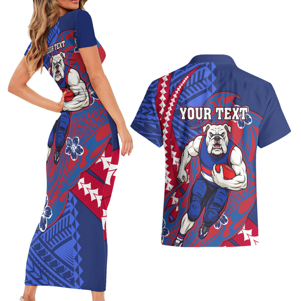 Personalized Western Bulldogs Couples Matching Short Sleeve Bodycon Dress and Hawaiian Shirt Polynesian Tribal Bulldog Mascot With Hibiscus Floral Art
