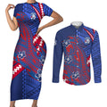 Personalized Western Bulldogs Couples Matching Short Sleeve Bodycon Dress and Long Sleeve Button Shirt Polynesian Tribal Bulldog Mascot With Hibiscus Floral Art