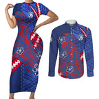 Personalized Western Bulldogs Couples Matching Short Sleeve Bodycon Dress and Long Sleeve Button Shirt Polynesian Tribal Bulldog Mascot With Hibiscus Floral Art