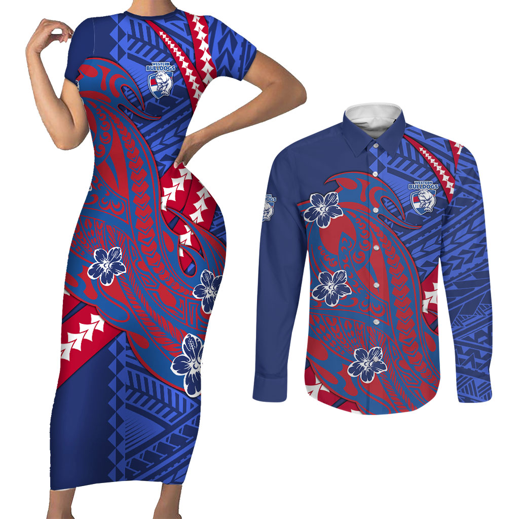 Personalized Western Bulldogs Couples Matching Short Sleeve Bodycon Dress and Long Sleeve Button Shirt Polynesian Tribal Bulldog Mascot With Hibiscus Floral Art