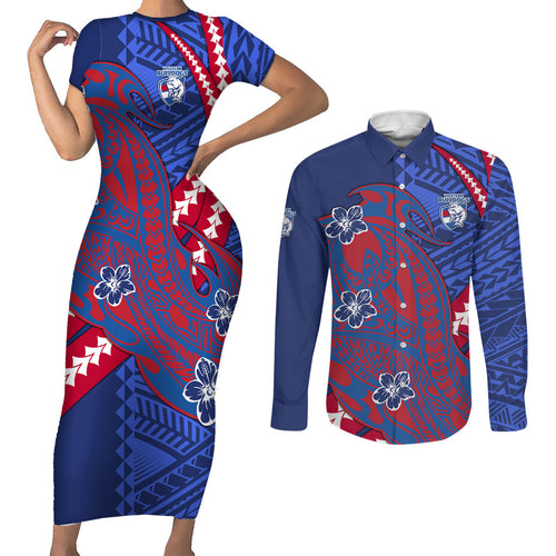 Personalized Western Bulldogs Couples Matching Short Sleeve Bodycon Dress and Long Sleeve Button Shirt Polynesian Tribal Bulldog Mascot With Hibiscus Floral Art
