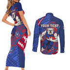 Personalized Western Bulldogs Couples Matching Short Sleeve Bodycon Dress and Long Sleeve Button Shirt Polynesian Tribal Bulldog Mascot With Hibiscus Floral Art