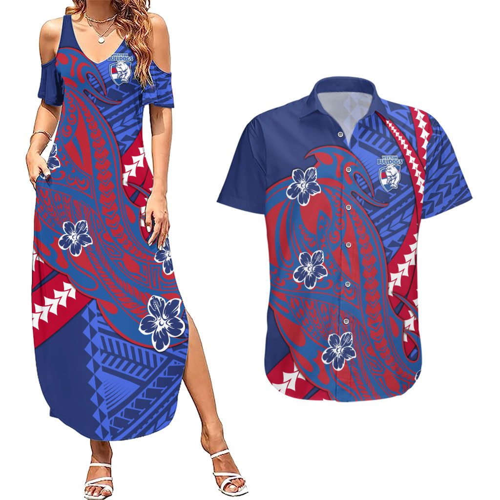 Personalized Western Bulldogs Couples Matching Summer Maxi Dress and Hawaiian Shirt Polynesian Tribal Bulldog Mascot With Hibiscus Floral Art