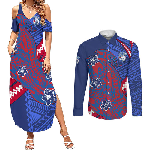 Personalized Western Bulldogs Couples Matching Summer Maxi Dress and Long Sleeve Button Shirt Polynesian Tribal Bulldog Mascot With Hibiscus Floral Art