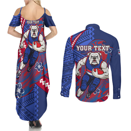 Personalized Western Bulldogs Couples Matching Summer Maxi Dress and Long Sleeve Button Shirt Polynesian Tribal Bulldog Mascot With Hibiscus Floral Art