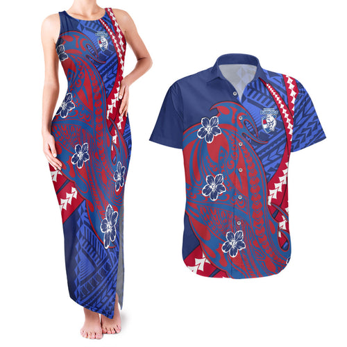 Personalized Western Bulldogs Couples Matching Tank Maxi Dress and Hawaiian Shirt Polynesian Tribal Bulldog Mascot With Hibiscus Floral Art