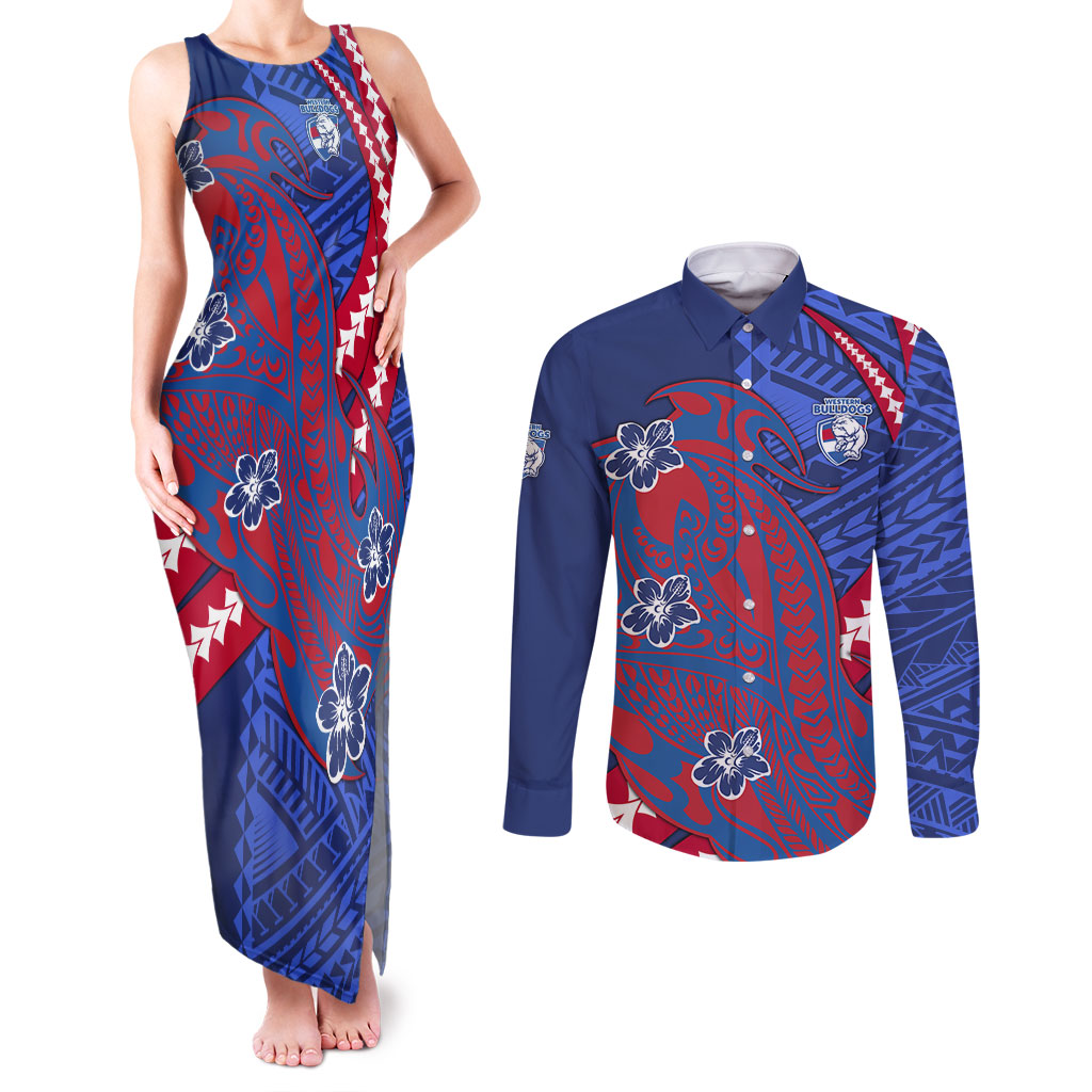 Personalized Western Bulldogs Couples Matching Tank Maxi Dress and Long Sleeve Button Shirt Polynesian Tribal Bulldog Mascot With Hibiscus Floral Art