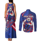 Personalized Western Bulldogs Couples Matching Tank Maxi Dress and Long Sleeve Button Shirt Polynesian Tribal Bulldog Mascot With Hibiscus Floral Art