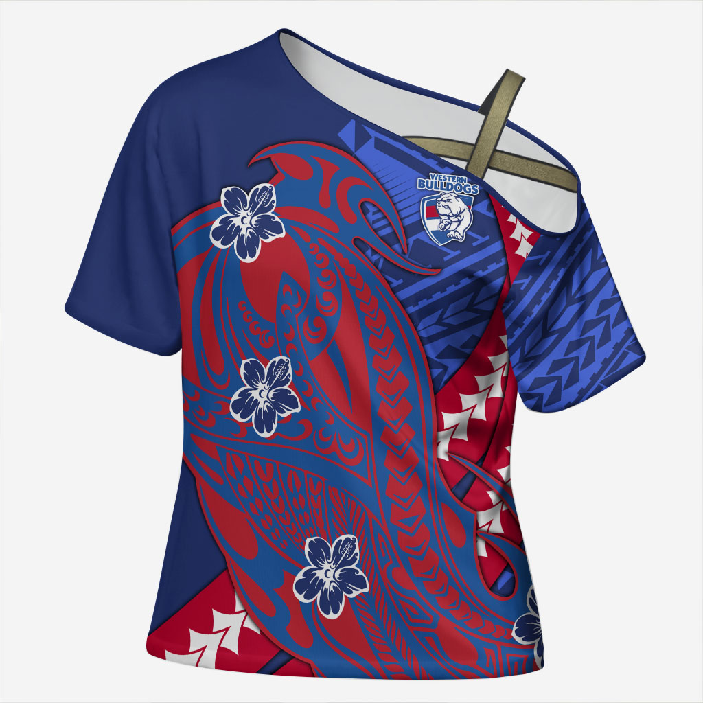 Personalized Western Bulldogs Cross Shoulder Shirt Polynesian Tribal Bulldog Mascot With Hibiscus Floral Art