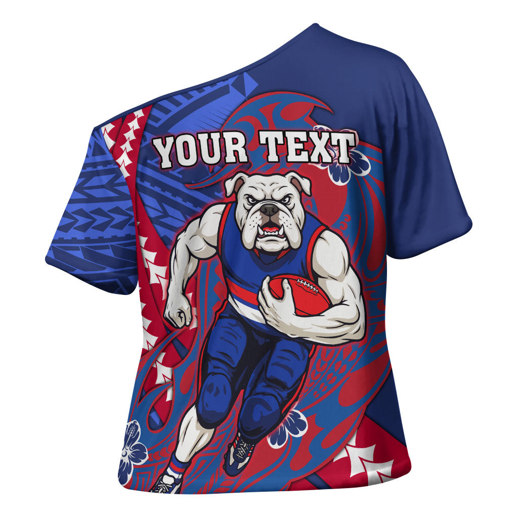 Personalized Western Bulldogs Cross Shoulder Shirt Polynesian Tribal Bulldog Mascot With Hibiscus Floral Art