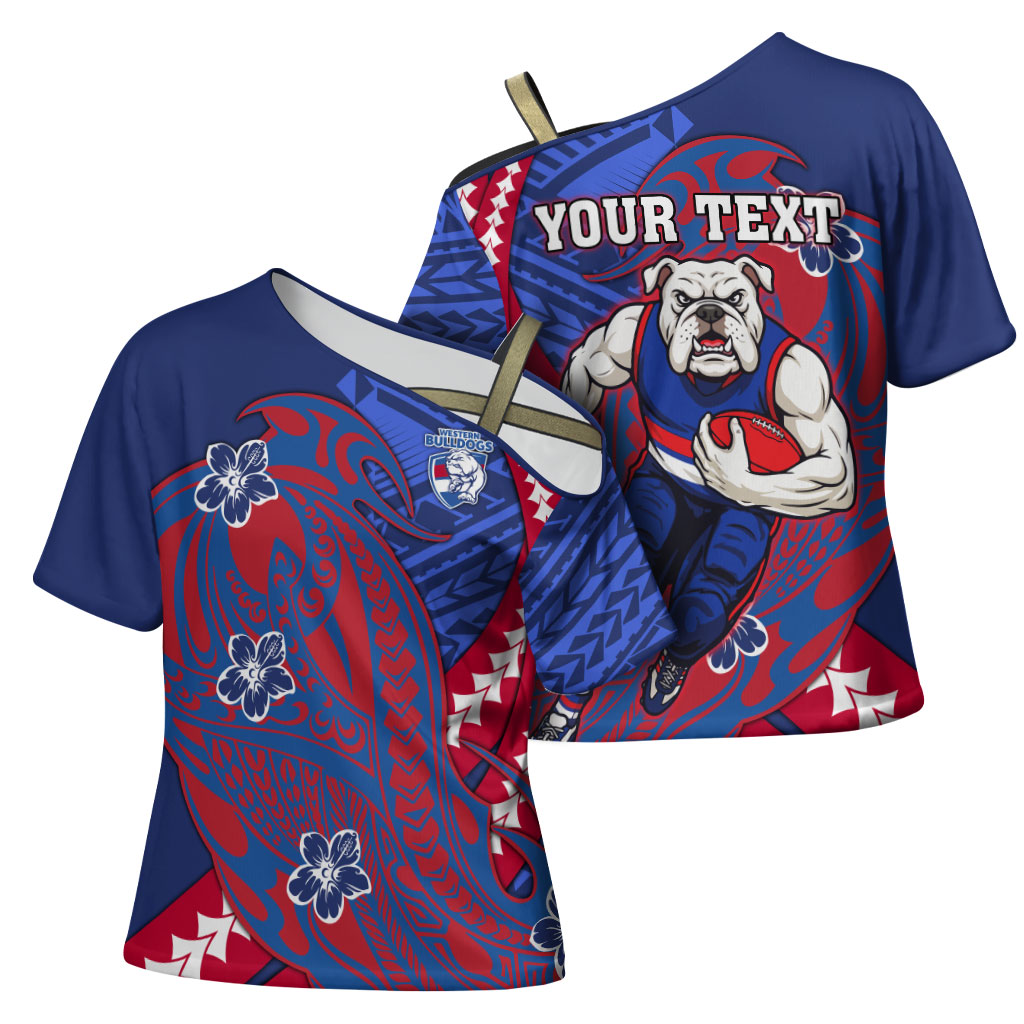 Personalized Western Bulldogs Cross Shoulder Shirt Polynesian Tribal Bulldog Mascot With Hibiscus Floral Art