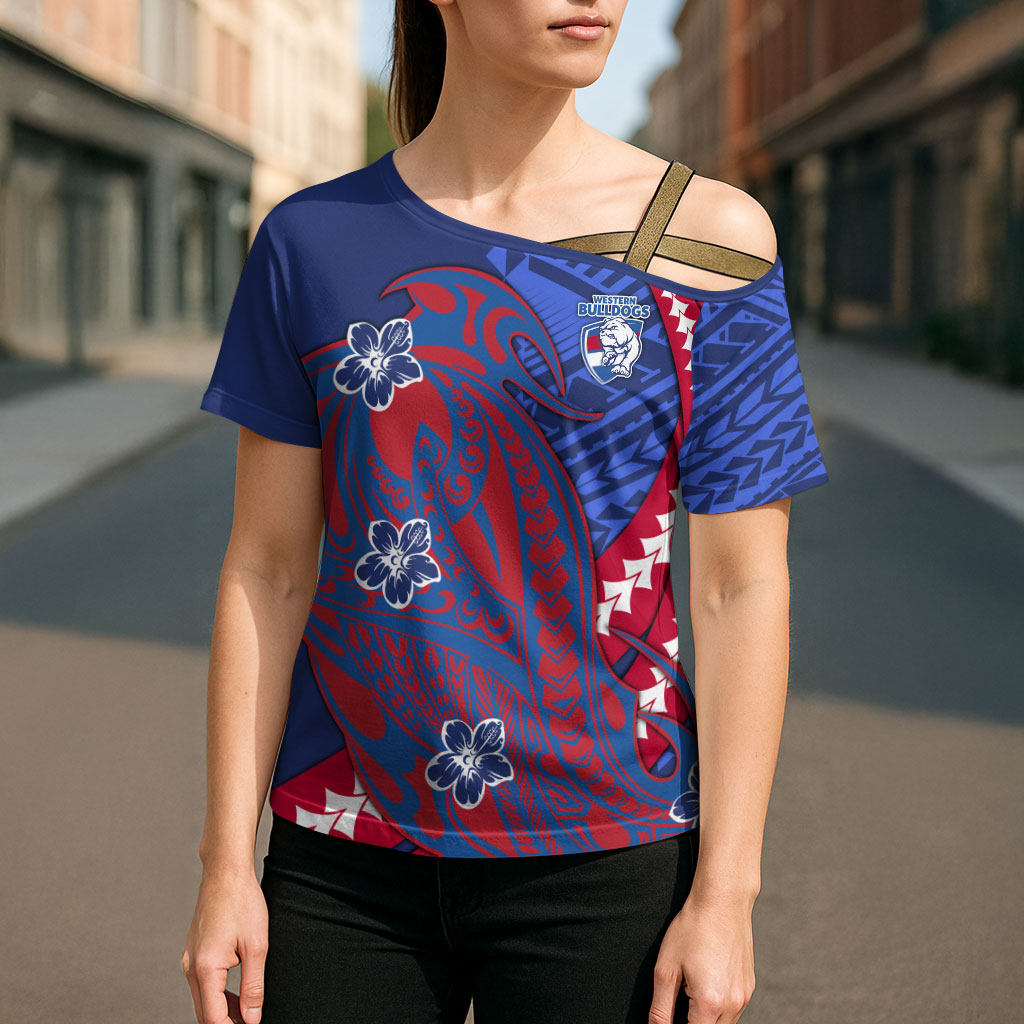 Personalized Western Bulldogs Cross Shoulder Shirt Polynesian Tribal Bulldog Mascot With Hibiscus Floral Art