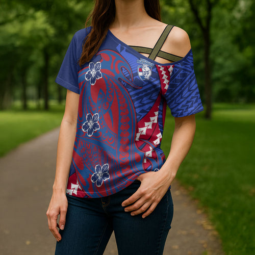 Personalized Western Bulldogs Cross Shoulder Shirt Polynesian Tribal Bulldog Mascot With Hibiscus Floral Art