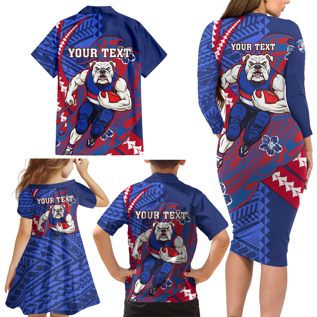 Personalized Western Bulldogs Family Matching Long Sleeve Bodycon Dress and Hawaiian Shirt Polynesian Tribal Bulldog Mascot With Hibiscus Floral Art