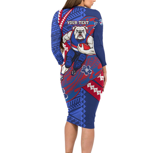 Personalized Western Bulldogs Family Matching Long Sleeve Bodycon Dress and Hawaiian Shirt Polynesian Tribal Bulldog Mascot With Hibiscus Floral Art