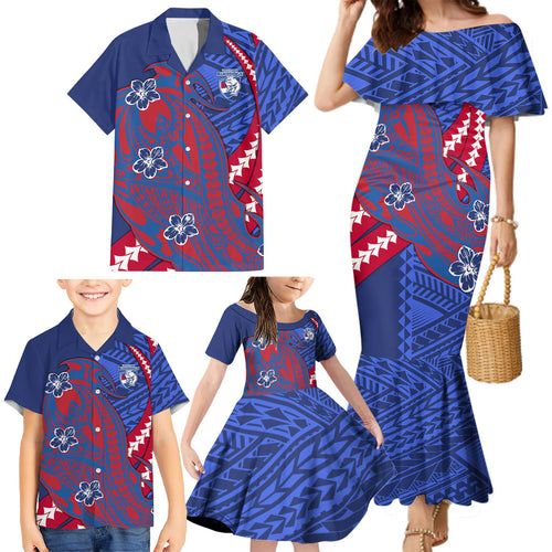 Personalized Western Bulldogs Family Matching Mermaid Dress and Hawaiian Shirt Polynesian Tribal Bulldog Mascot With Hibiscus Floral Art