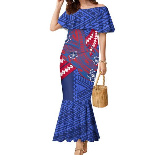 Personalized Western Bulldogs Family Matching Mermaid Dress and Hawaiian Shirt Polynesian Tribal Bulldog Mascot With Hibiscus Floral Art