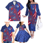 Personalized Western Bulldogs Family Matching Off The Shoulder Long Sleeve Dress and Hawaiian Shirt Polynesian Tribal Bulldog Mascot With Hibiscus Floral Art