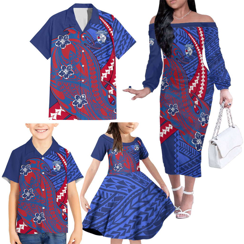 Personalized Western Bulldogs Family Matching Off The Shoulder Long Sleeve Dress and Hawaiian Shirt Polynesian Tribal Bulldog Mascot With Hibiscus Floral Art