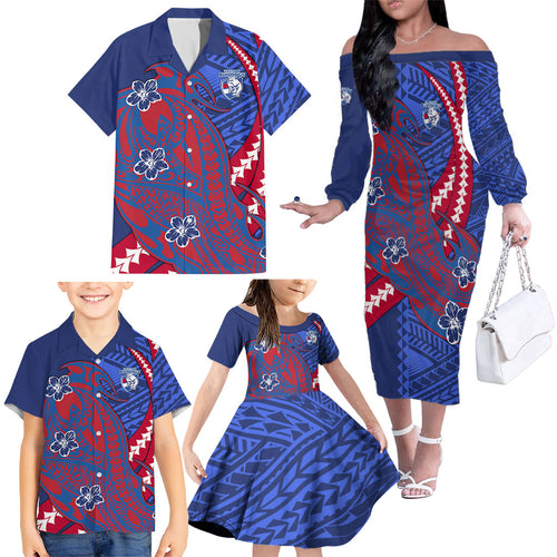 Personalized Western Bulldogs Family Matching Off The Shoulder Long Sleeve Dress and Hawaiian Shirt Polynesian Tribal Bulldog Mascot With Hibiscus Floral Art