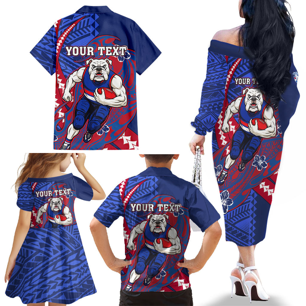 Personalized Western Bulldogs Family Matching Off The Shoulder Long Sleeve Dress and Hawaiian Shirt Polynesian Tribal Bulldog Mascot With Hibiscus Floral Art