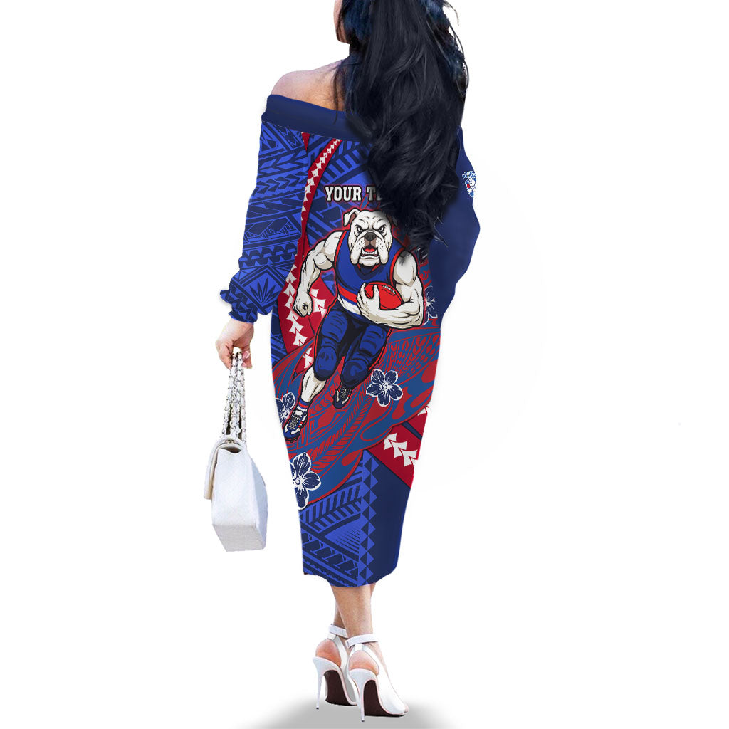 Personalized Western Bulldogs Family Matching Off The Shoulder Long Sleeve Dress and Hawaiian Shirt Polynesian Tribal Bulldog Mascot With Hibiscus Floral Art