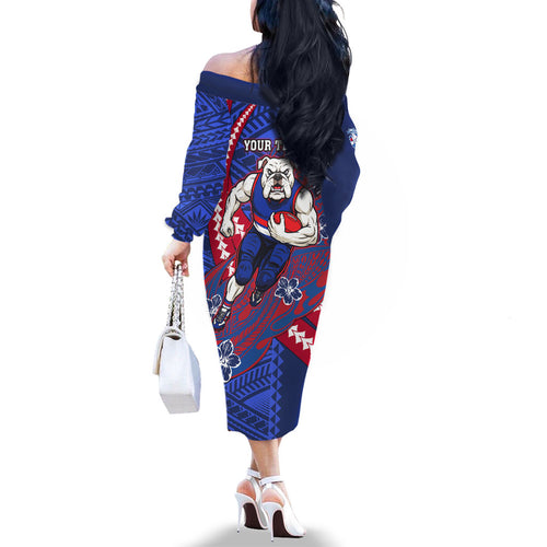 Personalized Western Bulldogs Family Matching Off The Shoulder Long Sleeve Dress and Hawaiian Shirt Polynesian Tribal Bulldog Mascot With Hibiscus Floral Art
