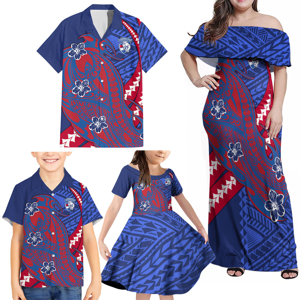 Personalized Western Bulldogs Family Matching Off Shoulder Maxi Dress and Hawaiian Shirt Polynesian Tribal Bulldog Mascot With Hibiscus Floral Art