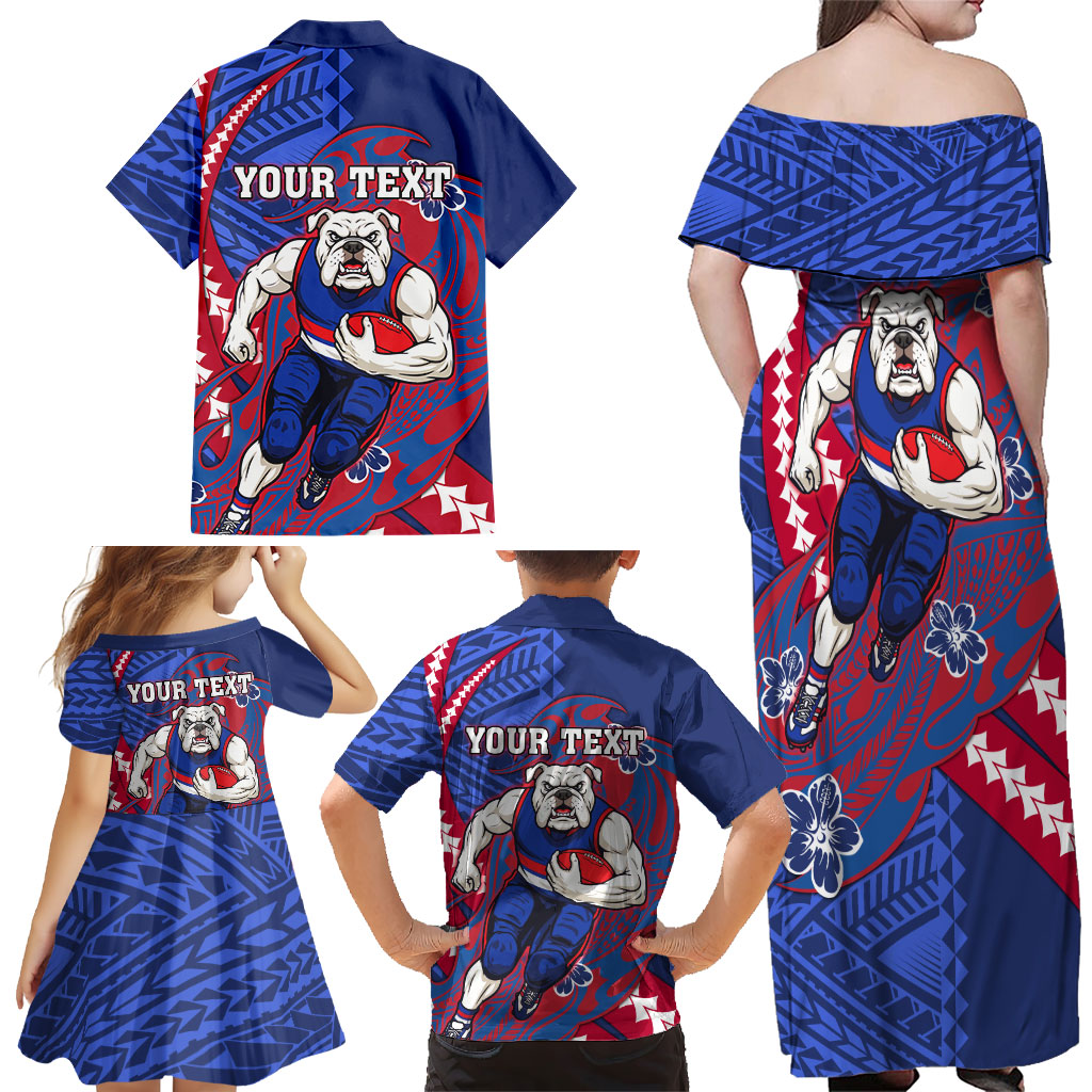 Personalized Western Bulldogs Family Matching Off Shoulder Maxi Dress and Hawaiian Shirt Polynesian Tribal Bulldog Mascot With Hibiscus Floral Art
